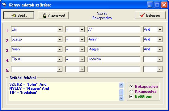 H�zi K�nyvt�r - K�nyv adatok sz�r�se