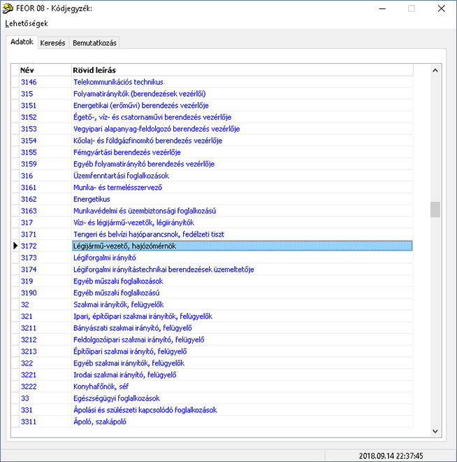 FEOR 08 - Kódjegyzék